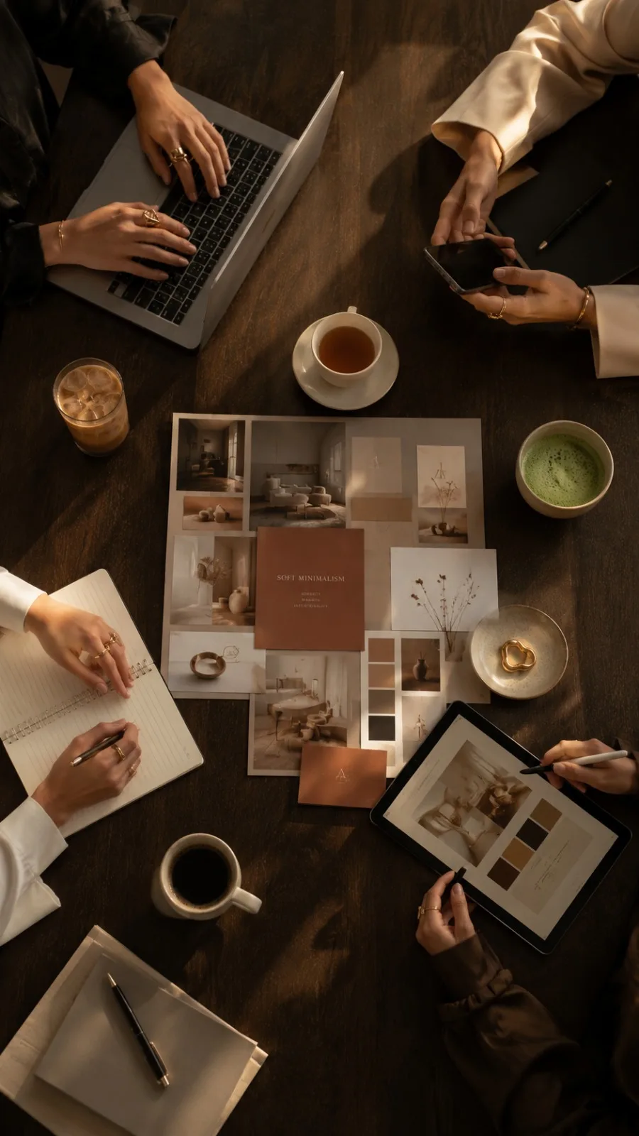 équipe réunie autour d'une table de travail échangeant sur un moodboard client, tablette, notes et boissons chaudes